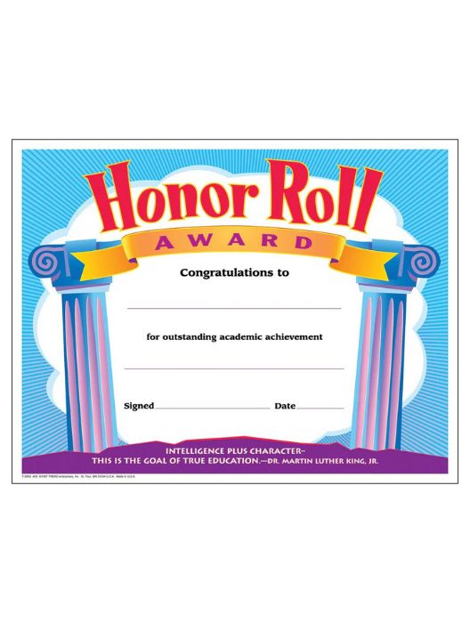 Trend Enterprises Certificate Honor Roll Award